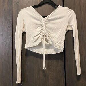 Sky and Sparrow Womens white Ribbed Cinched Front Long Sleeve Crop Top Large